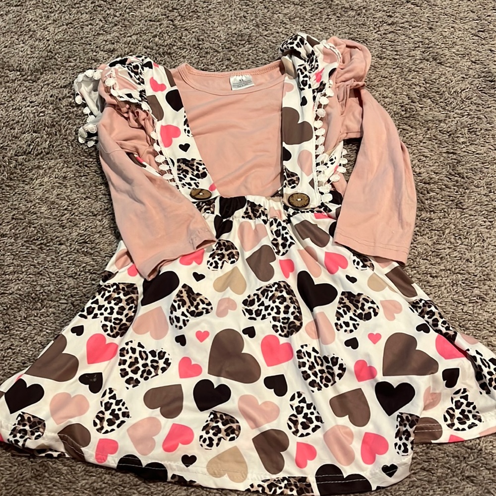 Cheetah heart print overall dress.